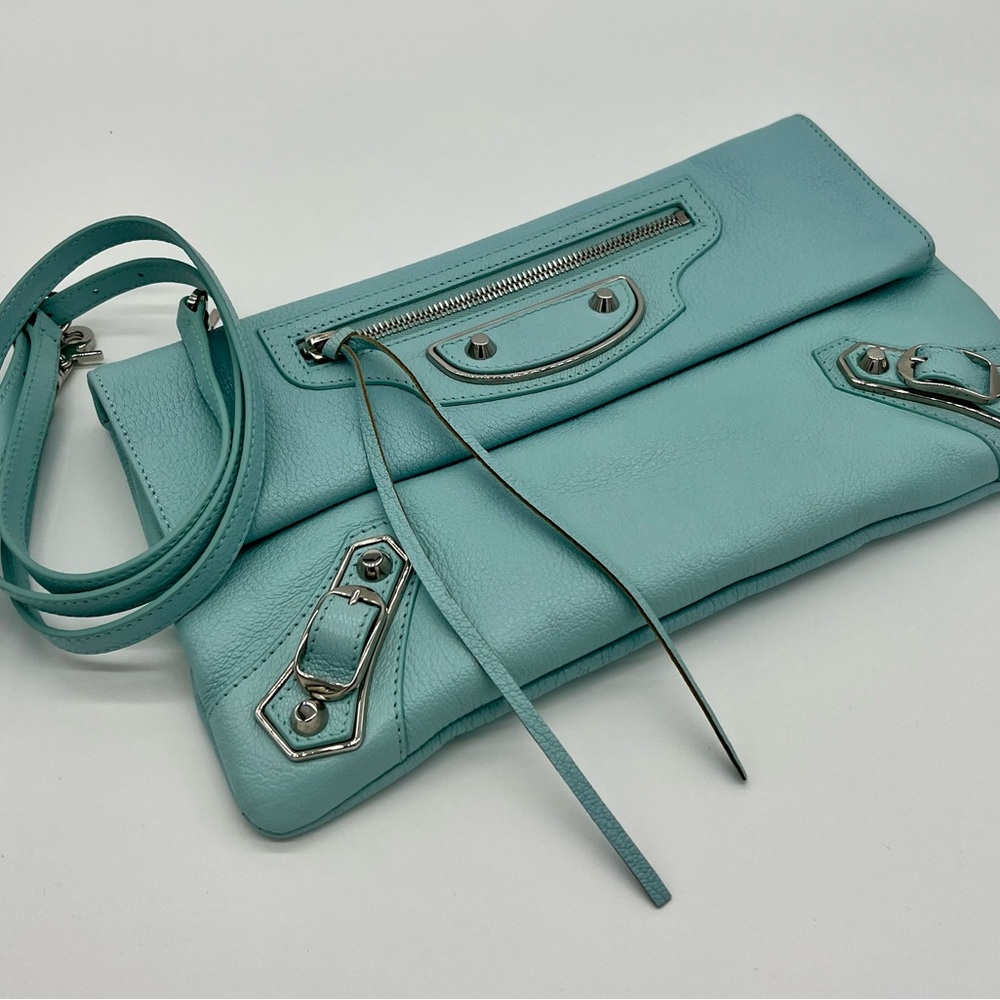 Balenciaga Chevre Silver Metallic Edge Hardware Envelope Clutch Bleu Azur